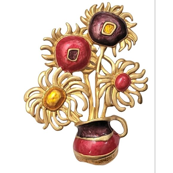 Yves Saint Laurent For AVON Van Gogh's Sunflower Painting Flower Pot Brooch - Picture 1 of 8
